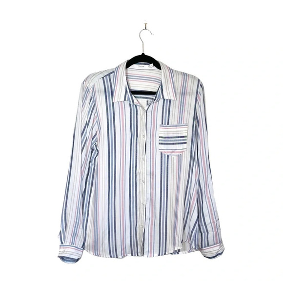 Maurices Tops - Maurices White & Multicolor Pastel Striped Button Down Shirt Large Women’s